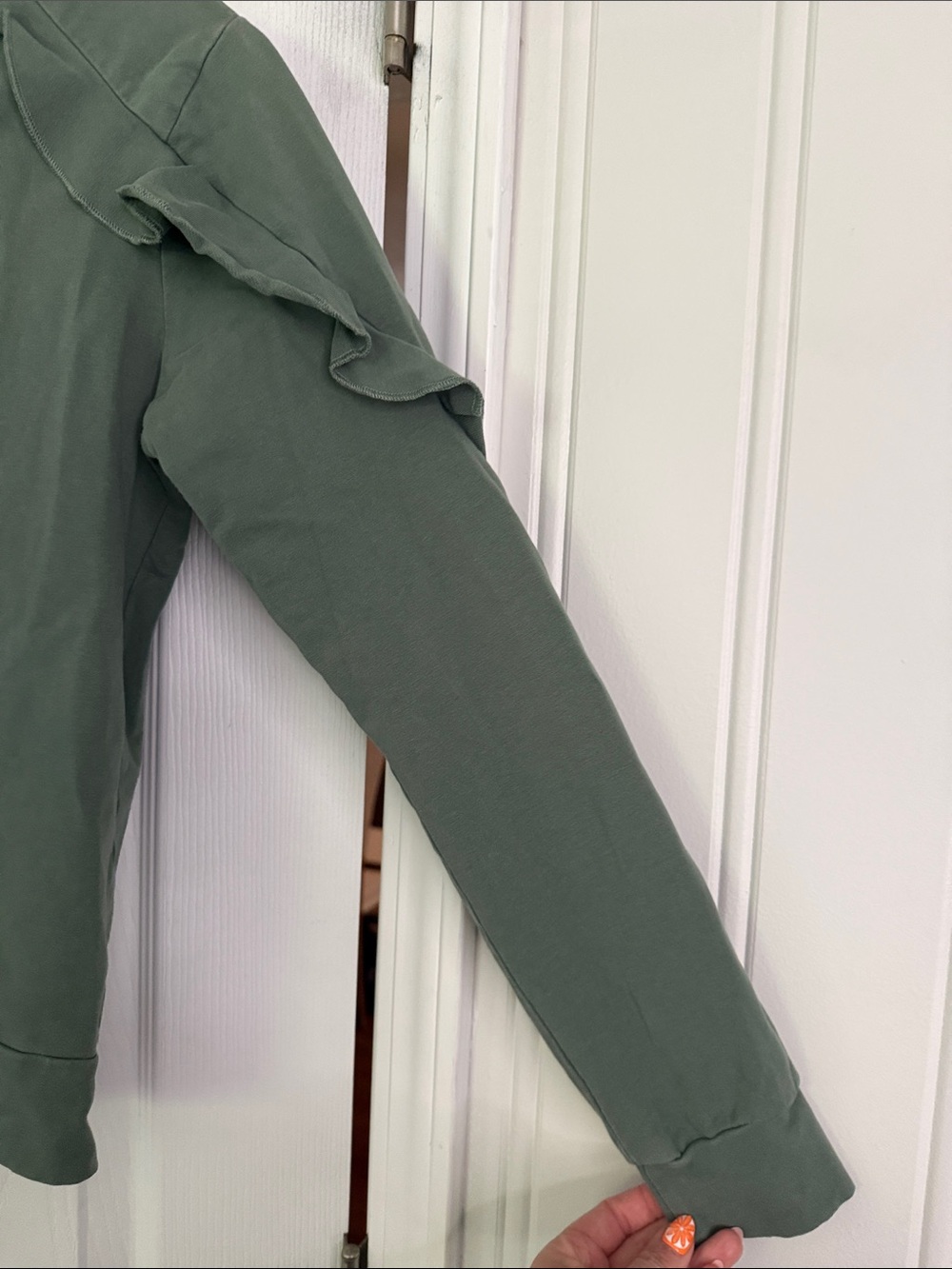 Darling Sage Green Ruffle Shoulder Sweatshirt - Picture 3 of 4